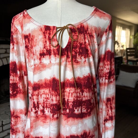 Bobbie Brooks Women’s Small Boho Tie Dye Shirt Bell Sleeve Faux Suede Tie Red - Picture 9 of 13